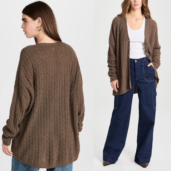 NWT Reformation Giusta Cardigan Sweater Dachshund Brown Cable Knit Cashmere - Picture 2 of 9